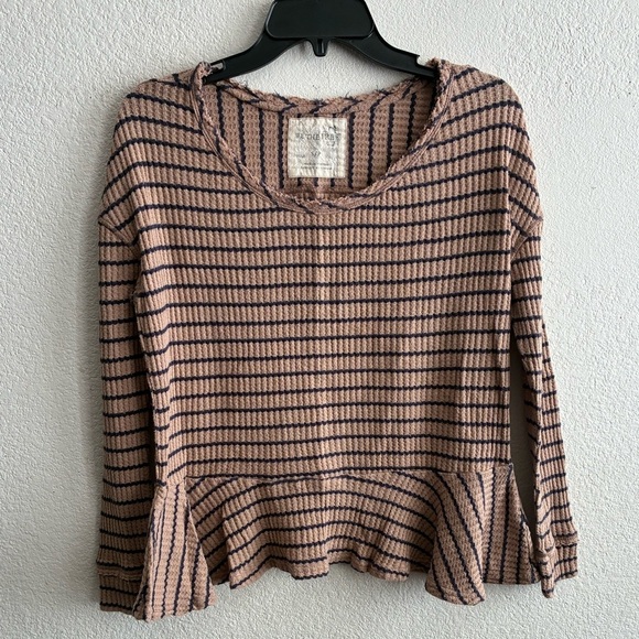 We The Free Auntie Em Brown and Black Striped Fringe Neck Peplum Sweater Top S - Picture 2 of 10